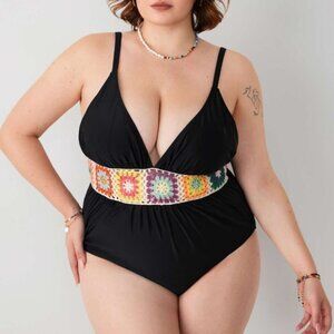 Cider NWT Women's Size 4XL Black Crochet Corset Ruched One Piece Boho Swimsuit